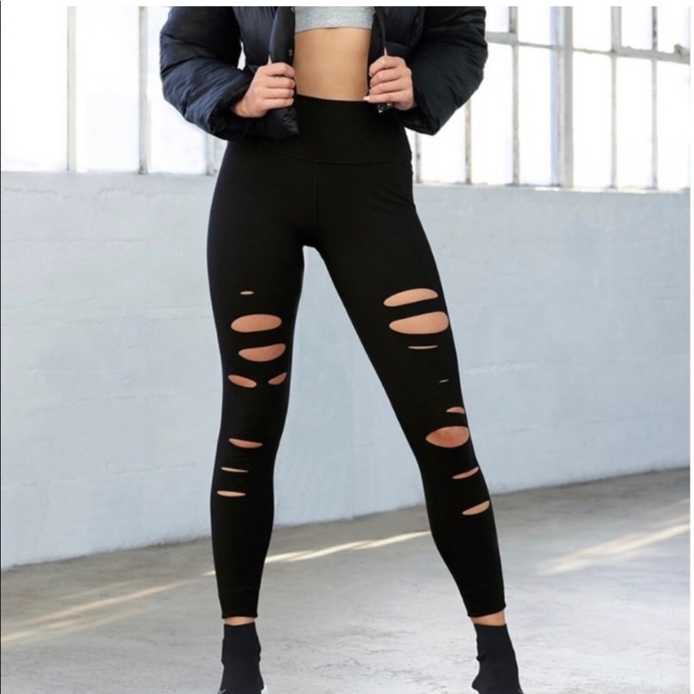 Alo Yoga High Waist Ripped Distressed Warrior Black Leggings